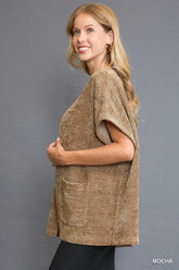 Umgee Open Front Knit Cardigan with Front Pockets OutfitFlow